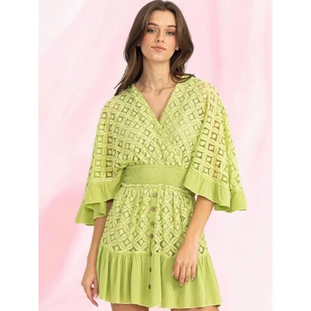 lime romper crochet boho folk earthy gauze loose v-neck Size M Hippie Gypsy